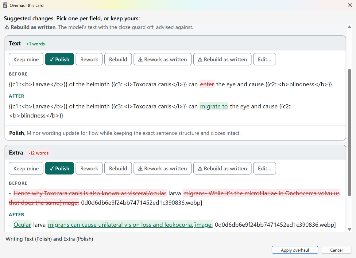 The Overhaul window for a card about Toxocara canis, showing the Text and Extra fields with the original and the proposed rewrite one above the other, removed words struck through and added words underlined, a row of options for each field (Keep mine, Polish, Rework, Rebuild), and an Apply overhaul button.