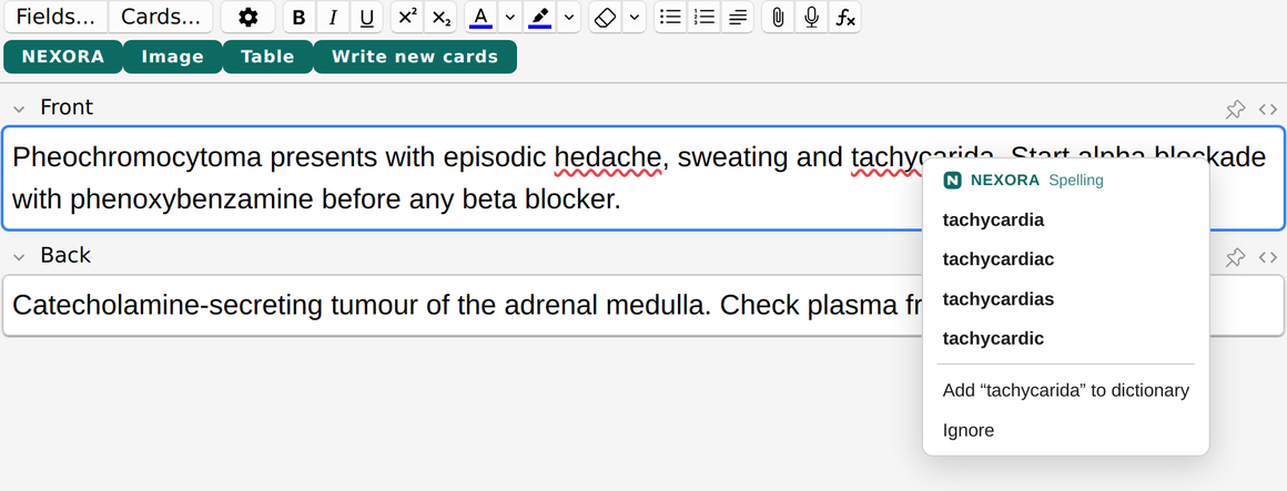 Anki's Add window with two misspelled words underlined in red and Nexora's right-click menu open, offering tachycardia as the correction.